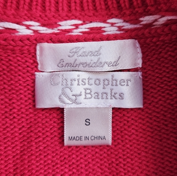 Vintage Embroidered Knit Snowmen and Flag Mock Neck Sweater in Red & White Sz Sm - Picture 7 of 11